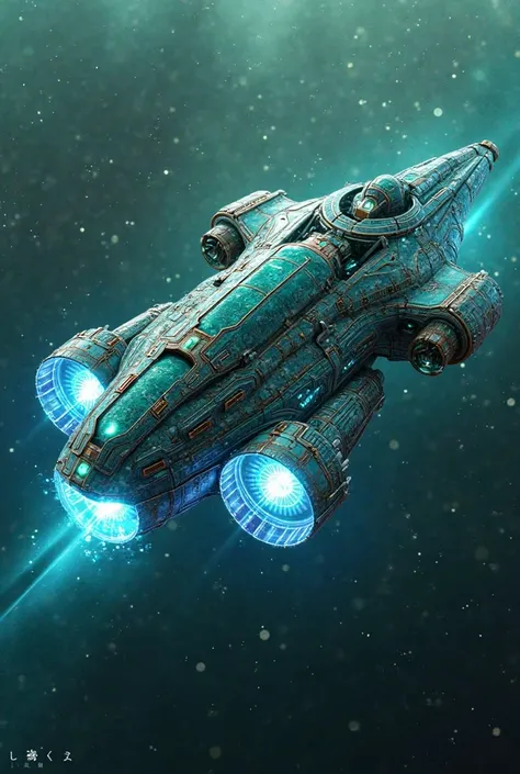 Extremely developed spaceship, with blue and green details and with energy propellers attached to the bottom of the ship. Beautiful and stylish structure of the ship