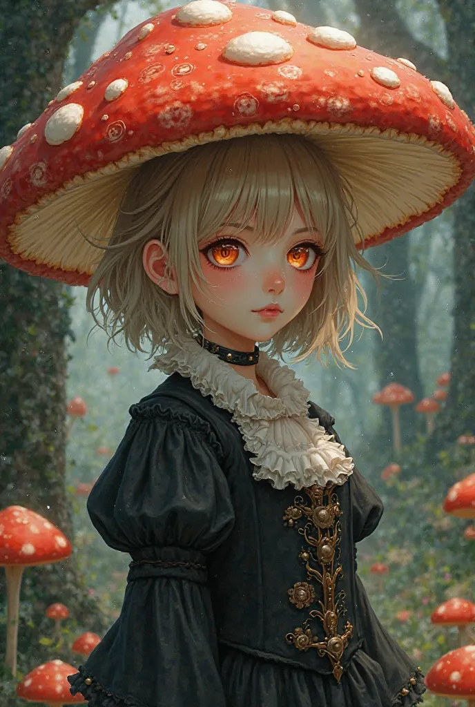 Fantasy mushroom Anime girl, short dark blonde hair, orange eyes, big red Mushroom cap on top of head, black medieval dress