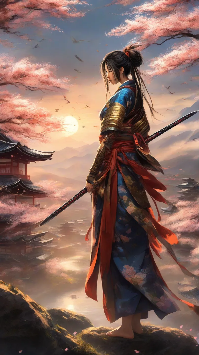 An ancient Japanese female samurai in a dramatic anime style, her face fully visible, exuding a fierce and determined expression with sharp, piercing eyes and a confident demeanor. She is not wearing a helmet, allowing her long, flowing hair to cascade dow...