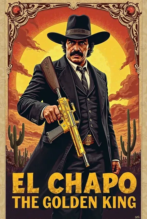 {
  "character": {
    "name": "El Chapo",
    "type": "realistic",
    "weapon": {
      "type": "golden gun",
      "details": "ornate and luxurious"
    }
  },
  "background": {
    "style": "Mexican culture",
    "elements": ["desert", "city skyline", ...