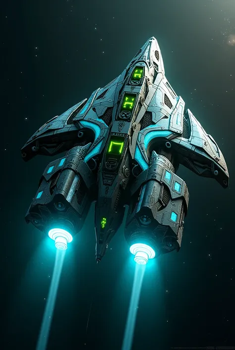 Extremely developed spaceship, with blue and green details and with energy propellers attached to the bottom of the ship.