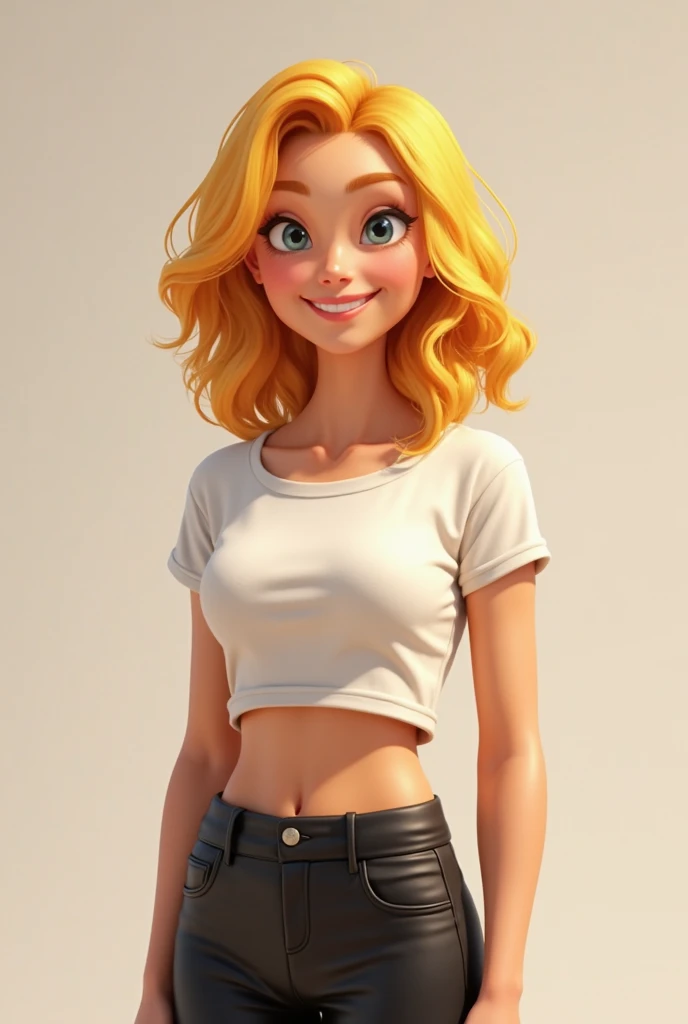 A person with a smiley face, blond hair, wearing a short shirt, black pants and a waist. 