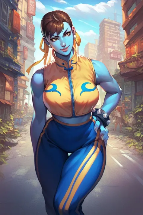 score_9, score_8_arriba, score_7_arriba, score_6_arriba,   source  _cartoon, BREAK masterpiece. CHUNLIAL , Brown Eyes,  double bow,   yellow ribbon , blue body,  crop top, sleeveless,  breasts, hand on the hip, street,  cityscape, streetjón,  smile, opened...