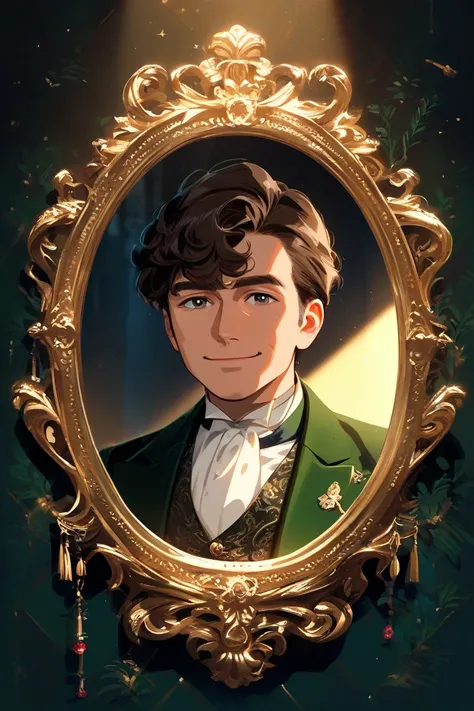 Victorian era, male, rounded face, green clothes, rugged clothes, vintage clothes, tanned skin, curly hair, brown hair, top hat, smiling