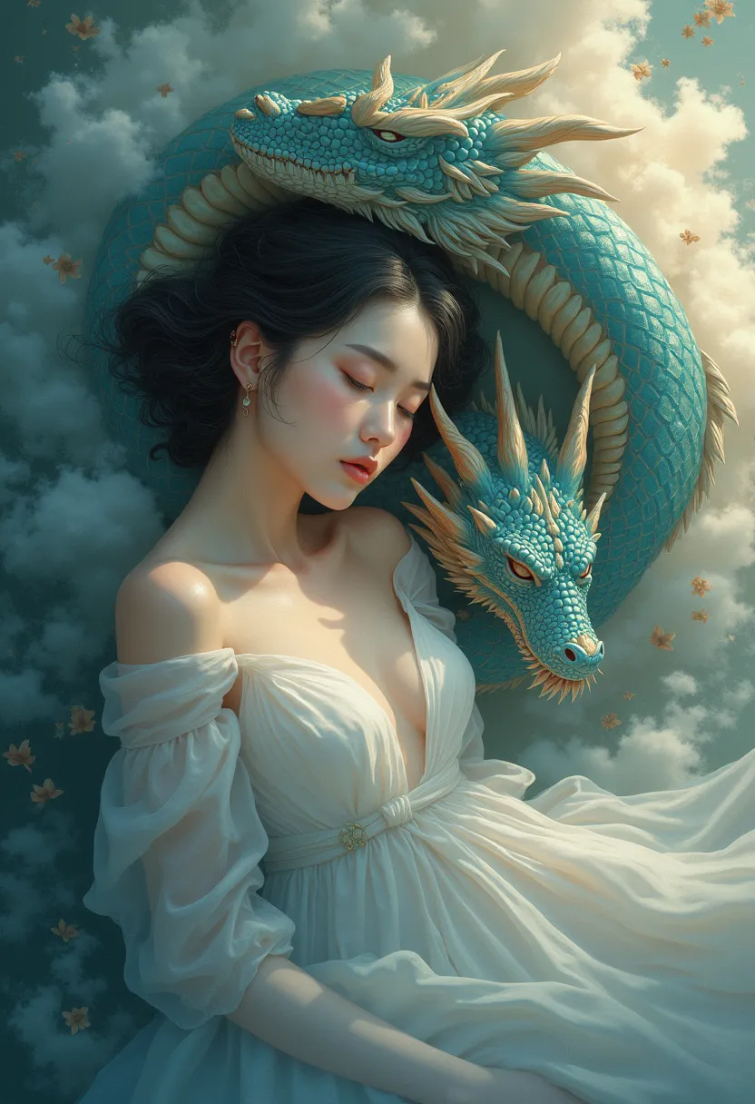 Painting of a sleeping woman with a dragon on her back, the dragon girl portrait, dragon girl, a beautiful artwork illustration, Loish e Ross Tran, Fantasia chinesa, belas fotos avatar, Art not Guweiz style, trending on artstration, estilo de arte de fanta...