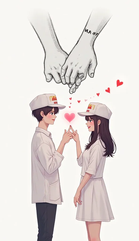 "A digital illustration of a couple dressed in matching white outfits, both wearing caps with SERM and ARMY logos. They are making a pinky promise, forming a heart shape with their hands, with a glowing pink heart and the letter 'S' in the center. Above th...