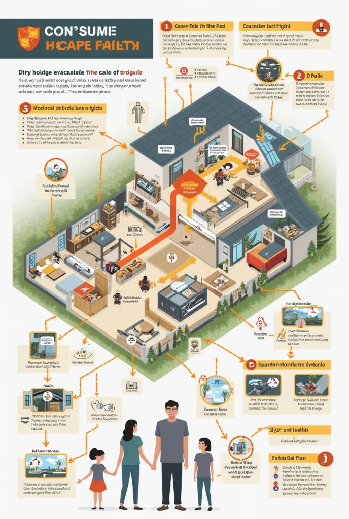 generate me some image of a family evacuation map incase of a landslide 
This plan should include:
- a floor plan of my house 
- indication of escape route 
- steps in evacuation 
-correct the mispelled word 
-50sqm.
-remove the measurements