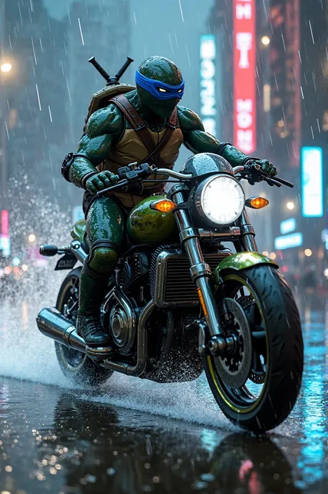 Leonardo ninja turtle on a latest-model motorcycle in the rain 