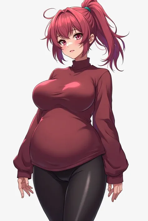 Anime woman with a semi-trained and buluptuous body, huge breasts, fat thighs and short, rowdy, messy fuchxia-colored hair tied with a ponytail,body with sicatrices long sleeve t-shirt with turtleneck and tight black tights