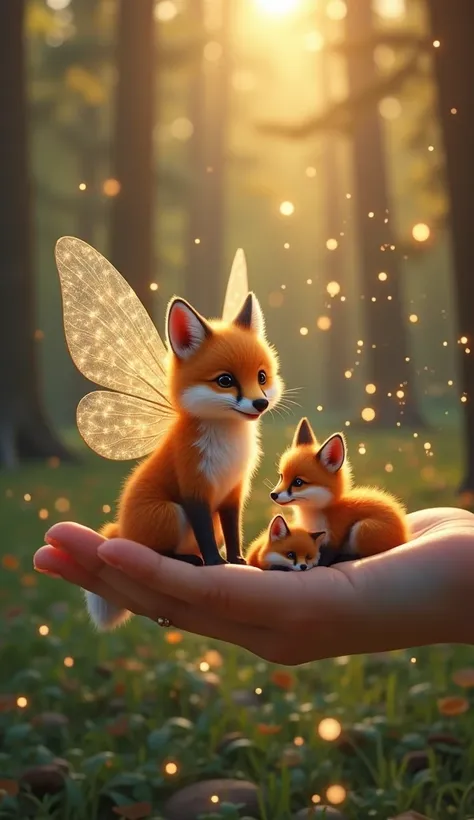 prompt（English）

“A fairy with shimmering wings holds out her hand in a mystical forest. Three tiny foxes rest gently on her palm, their fur glowing with a soft magical aura. Golden sunlight filters through the trees, fireflies dancing around, creating an ...