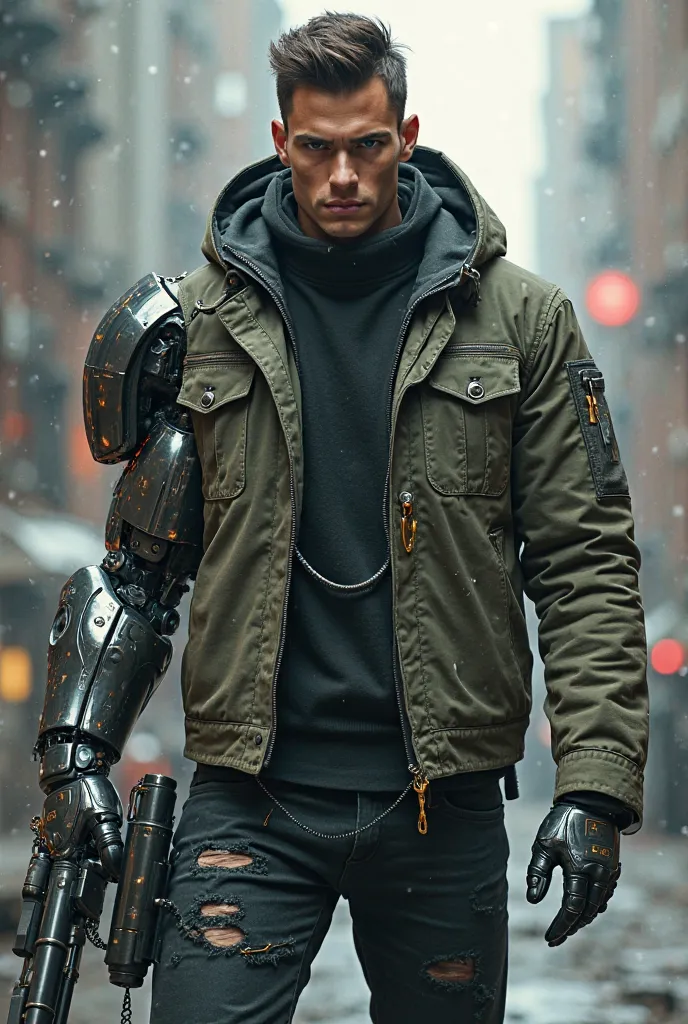  handsome muscular warrior with cybernetic mechanical cyborg right eye and simple mechanical right arm and sturdy jacket with cybernetic machine gloves should armor on left arm half cyborg face mechanical parts integrated in to the clothing