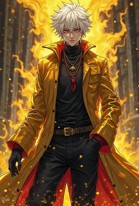 anime style, A man with platinum hair, fair skin, Your eyes are black eyeballs with a platinum iris, he wears a coat made of gold-plated slime with a red outline,  loose black pants . He is a menacing and cruel entity, a powerful entity. He would be emanat...