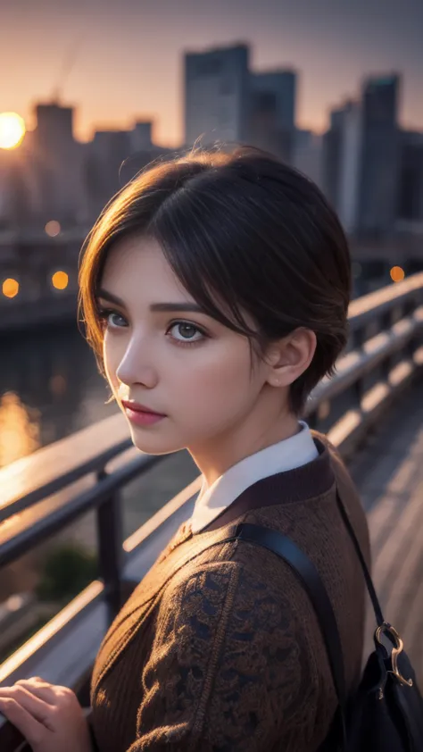 A Japanese high school boy and girl standing on a bridge, looking at the sunset together, city skyline in the background, bittersweet atmosphere, realistic