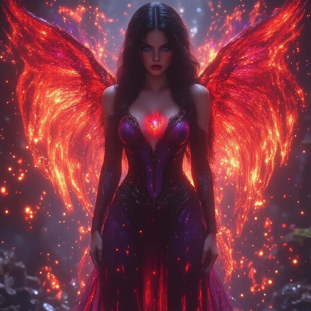 photo 4k. Beautiful 24-year-old European woman with a phoenix wing with long jet black hair straight white porcelain skin reddish lips reddish cheeks with BLUE EYES SAPPHIRES standing in the air in the center of the fire with wings of fire waves Phoenix re...