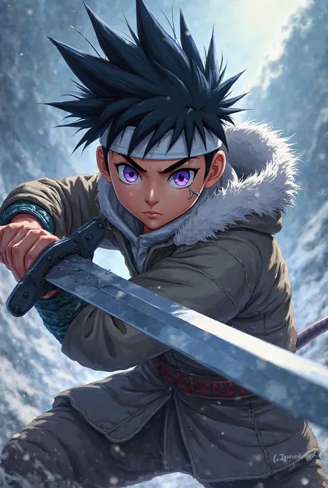  A boy, black spiked hair, wearing a white headband, purple eyes,  scar on the cheek , using a large sword, and wearing cold clothes. anime version