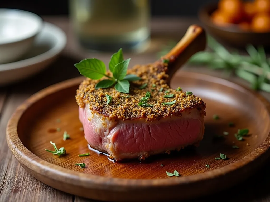 A succulent lamb chop with a fresh herb crust, served elegantly on a rustic wooden plate against a softly blurred dining table background.