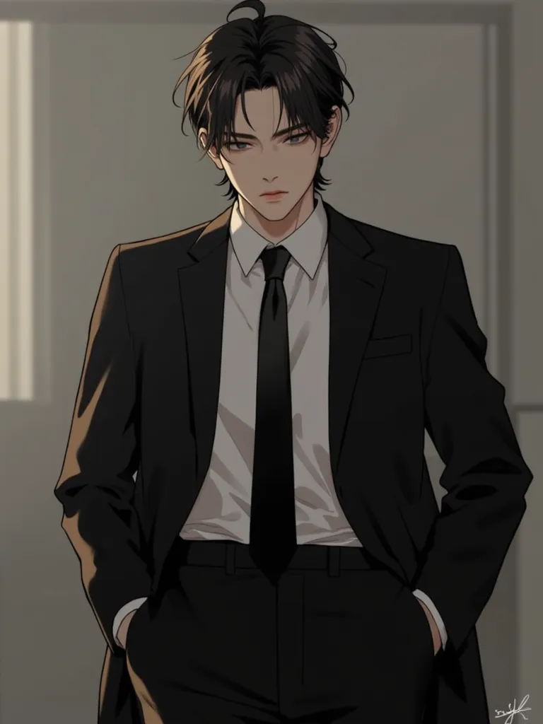 A handsome Asian man in his mid-20s with a height of 181 cm. He has a muscular body, abs, and a strong impression. His hair is black, his eyes are very small, sharp, and he has a black suit jacket and a white shirt,  black tie,  black suit pants, Wearing b...