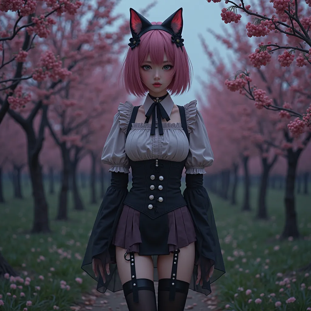 Photorealism. Full body shots. Low angle. Camille Claudel style. Background is a Japanese plum orchard with late night darkness light and dark. Selfie of an 18 year old high school girl with large breasts, skinny thighs, cat ears, short hair, shiny pink ha...