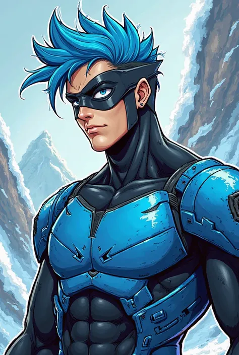  Cartoon-style male character , with blue hair, black mask,Arctic blue breastplate