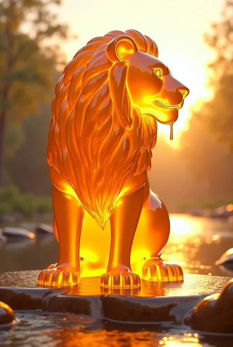 A surreal, highly detailed 3D-rendered sculpture of a large animal, resembling an big lion , made entirely of translucent golden honey. The honey appears to be dripping from the lion body, reflecting warm sunlight. The background features a natural outdoor...