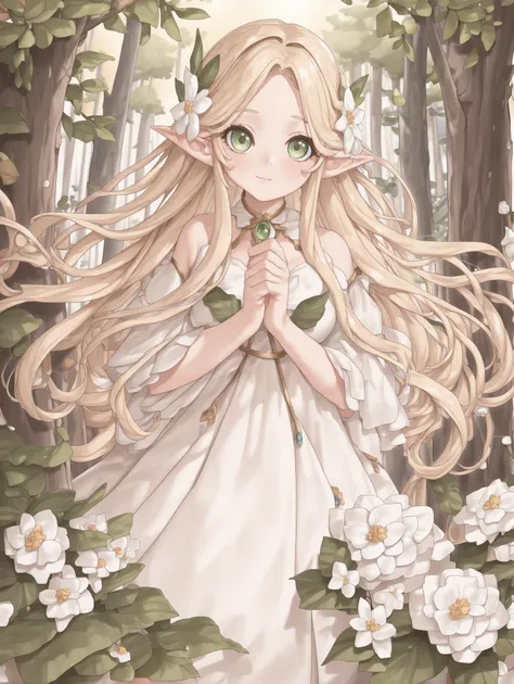 Best Quality, excellent performance, , very high resolution, Cute Illustration of Elf Woman,  blonde hair , green, heart, forest background