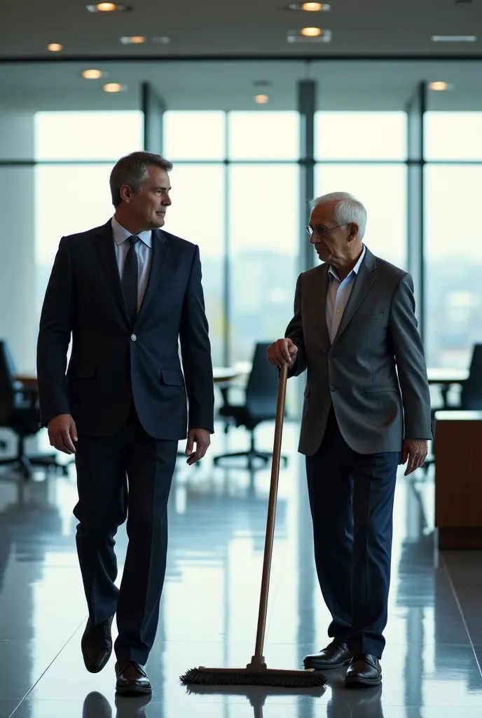 A high-end corporate office with glass windows and modern furniture. A wealthy businessman in an expensive suit walks past an elderly janitor sweeping the floor. The businessman has a smug expression, while the janitor looks calm and wise. The lighting is ...