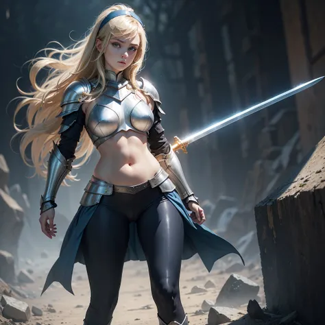 Extremely Beautiful Young Blonde Girl wearing armor with a silver-white breastplate and skirt, dark blue leggings covering her legs and arms, white heeled boots to match her skirt and breastplate, is a tall, pale-skinned young woman with big blue eyes and ...