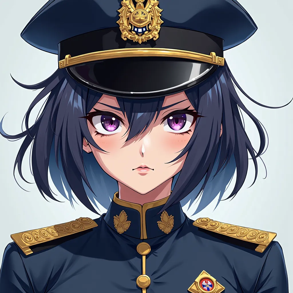 Generate a 26-year-old woman in anime style, She's a police captain, She has hair with a striking style, ojos entrecerrados, flashy uniform