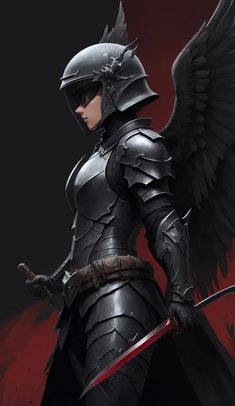 Black angel with black demonic armor, Outstretched black wings, profile angel, sword in hand, dragging sword. angel with full helmet , black helmet. Red background with small black spots. Detailed wings, Excellent quality.