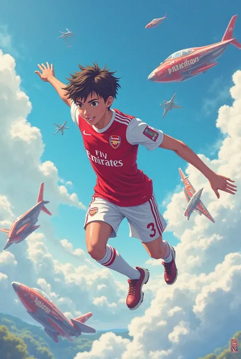 Create an 18-year-old man with short but curly hair in anime-like aviation with the Arsenal football shirt 