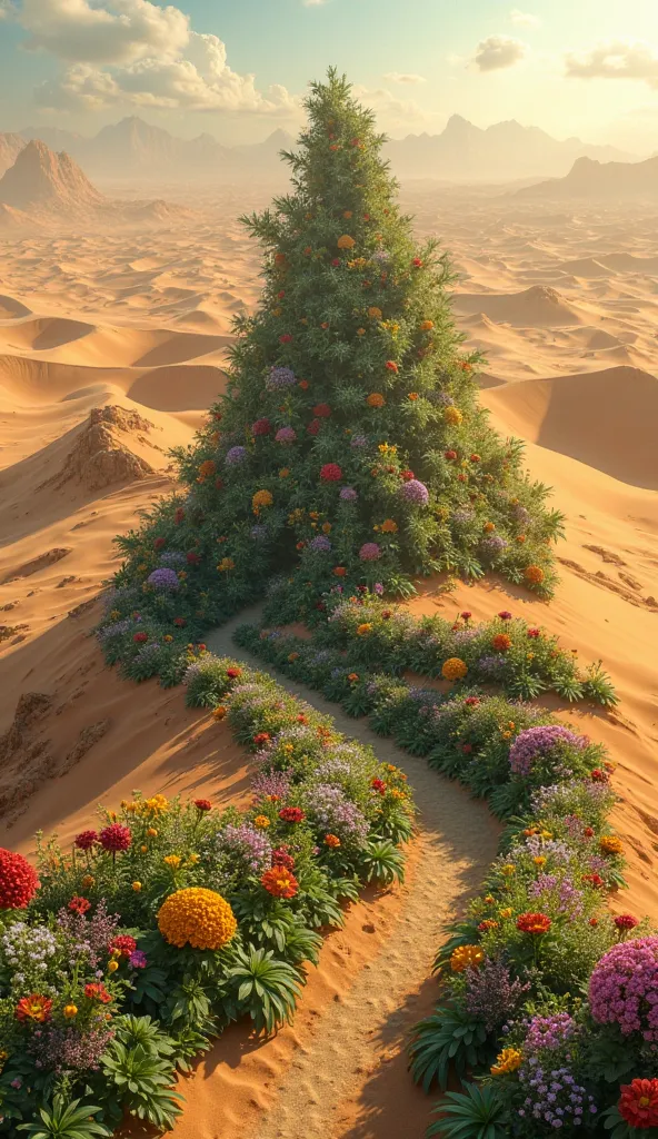 Desert turned into garden: A vast arid desert with golden sand dunes, but in the center there is an explosion of colorful flowers sprouting from the ground, as if by magic.