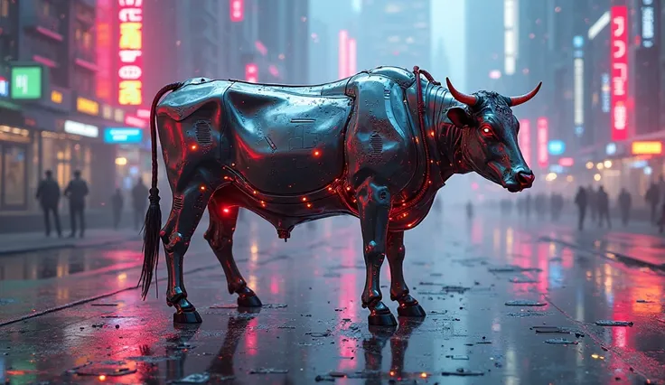 A mix of cyberpunk and futuristic design with neon accents and a glowing, digital touch

Keep the cow’s design slightly