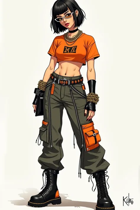 Kloe, a 19-year-old Korean K-pop idol, with short, voluminous hair and a more structured fringe, wears a vibrant orange cropped top made of thick cotton, featuring zipper details and a small logo print. She pairs it with low-waisted cargo pants in dark den...