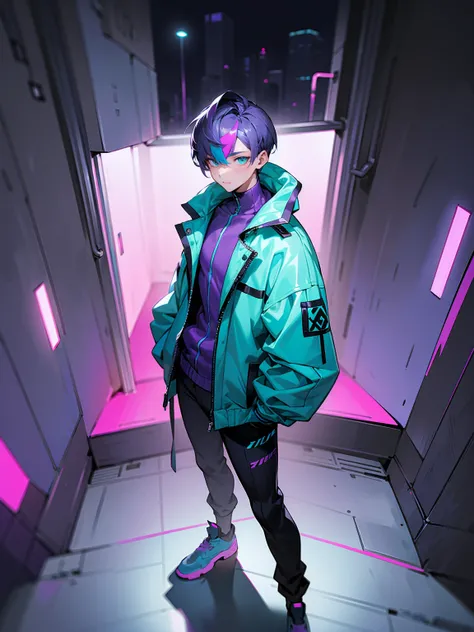 1male, Adult, Dark Purple Hair With Grey Colored Highlights, Two Toned Hair, Short Hair, Cyan Blue Eyes, Neon Purple Jacket, Night Time, Perfect Generation, Perfect Face, Standing On Path