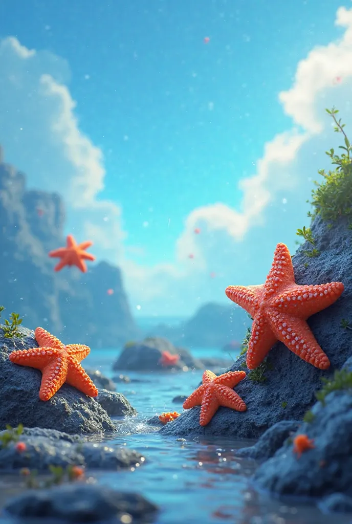 Disney Pixar, 4K "Several vibrantly colored starfish move smoothly on the ocean floor,  - A sky with a gradient of . Some are leaning on rocks covered with algae, while others float lightly in the water. Animated little fish watch the dance with joy."