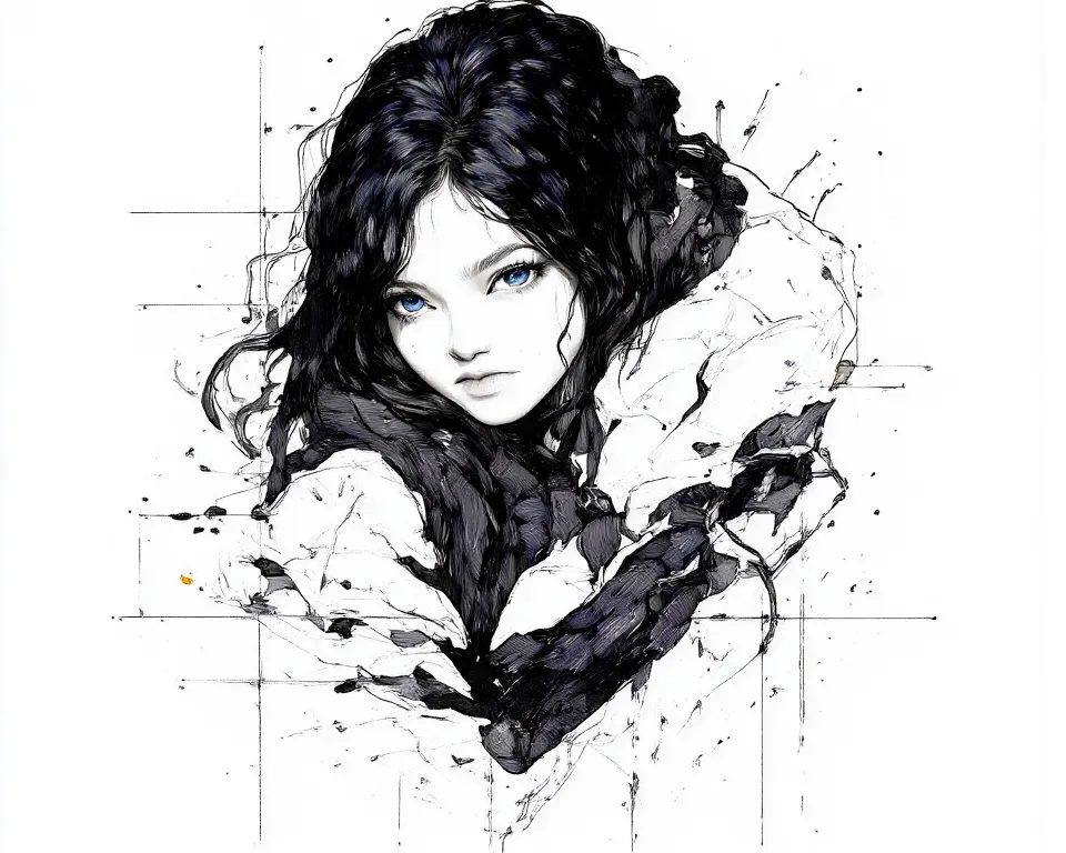 Anime, manga sketch style, Gothic style, black and white, sketch, 1 woman, long hair,decaying body with wires, Looking at viewer, 