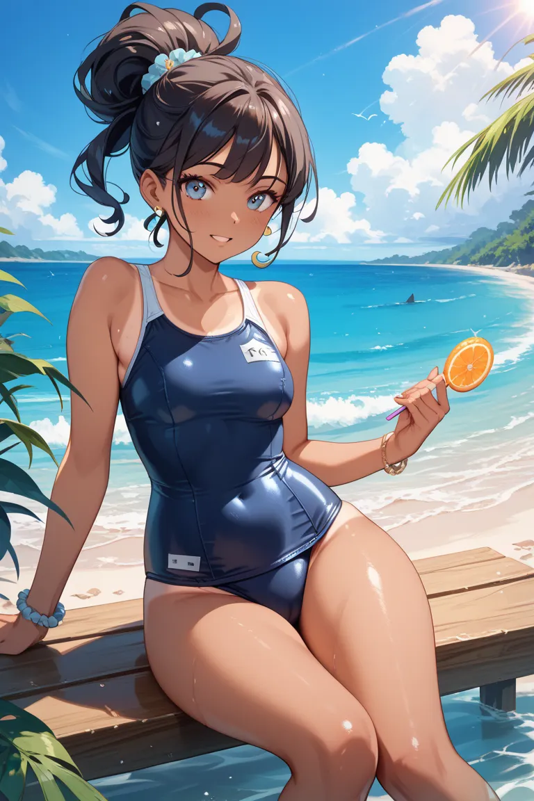 lana's mother (pokemon), tanlines, tanlines, leaning forward, school swimsuit, shiny swimsuit, thighs, sitting, under shot, 