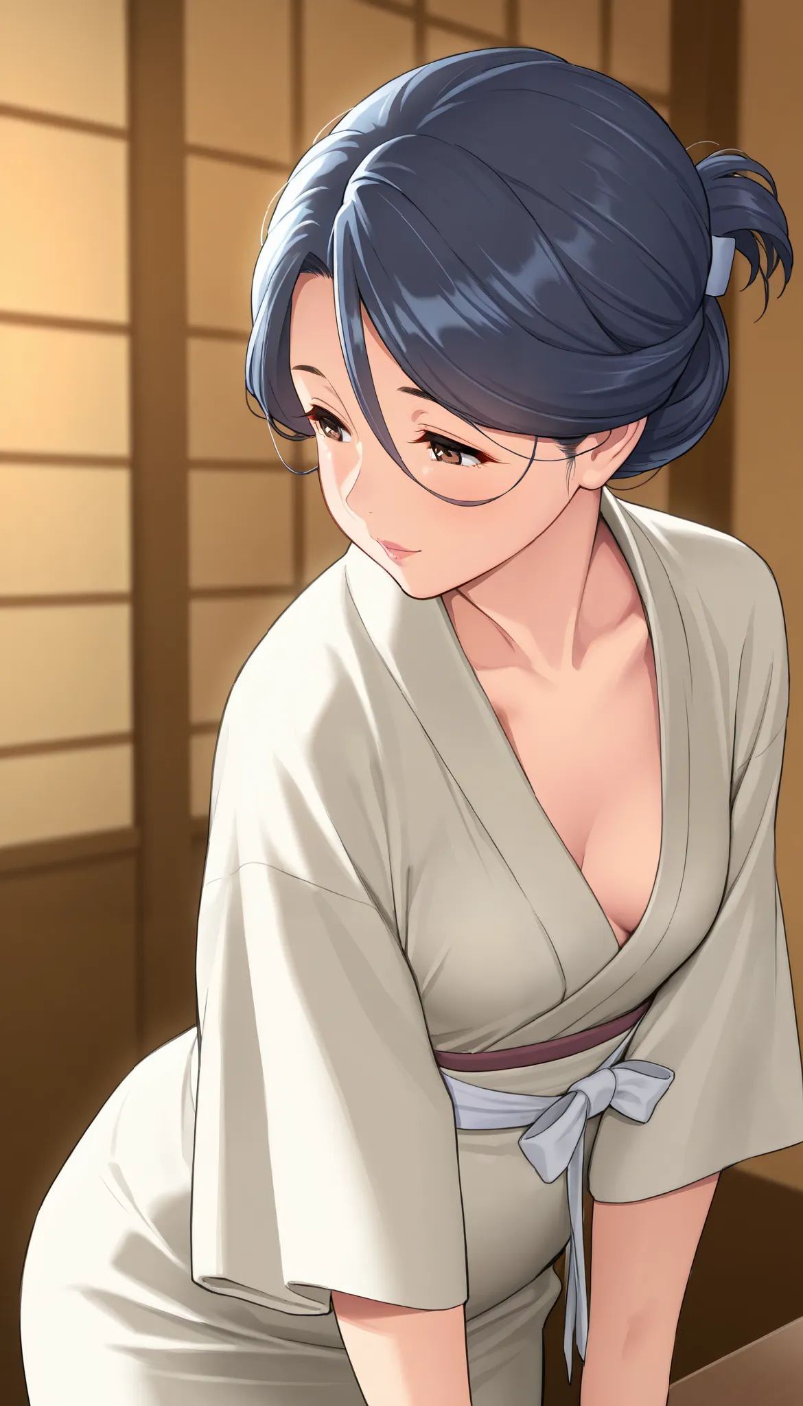 mature woman, housewife, Blue Hair, hair between eyes, chignon hair, The costume of the Japanese inn's wife, Chest, Mature Woman, Soft light, High Precision, best quality, upper body,  small breasts 、Larger clothes、 forward leaning posture