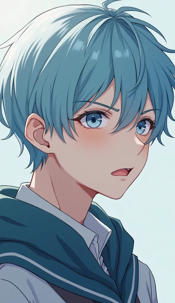 A good-looking light blue high school boy with light blue hair and very beautiful eyes finally makes a bad face when he looks at me and comes close。