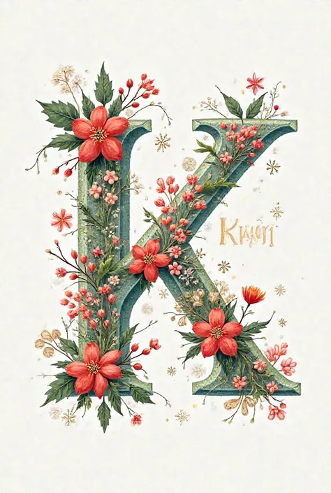 
letter "k" floral print with Christmas monograms and inside and in the middle of the letter a text with content  "khôi ", Around the Christmas snowflakes ,  Christmas tree and backstage   