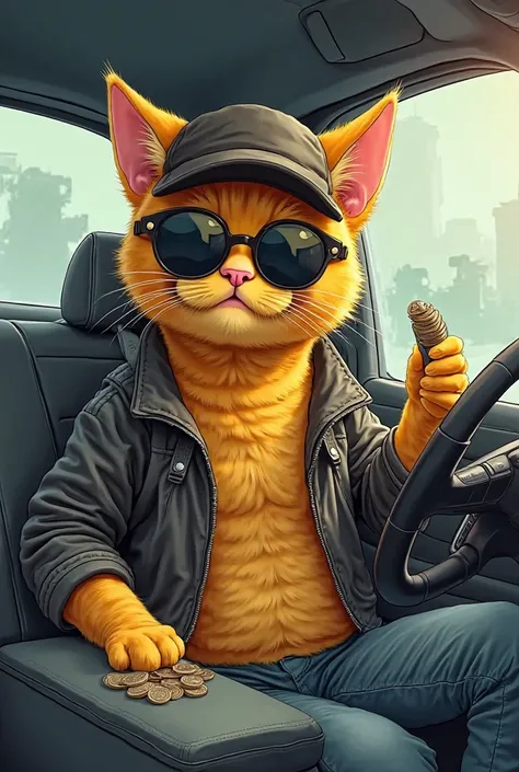 Yellow cat, in a leather cap and jacket wearing Rayban, sitting in the car counting coins, talking on the cell phone.