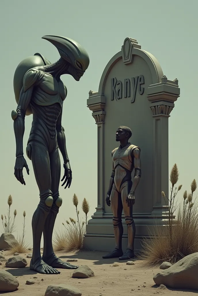 An alien man with a man in a space costume and a grave with Kanye's name written on it