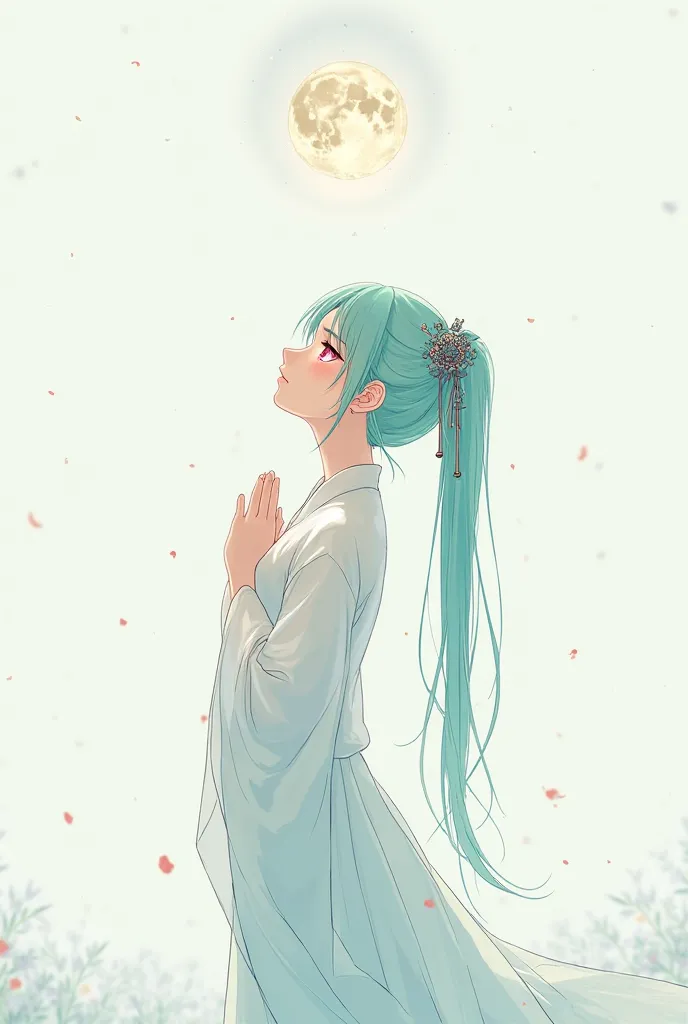 Mint-colored hair, long ponytail, eye color, pink, white, pure figure, Japanese-style hair ornament, beautiful illustration of praying for the moon 