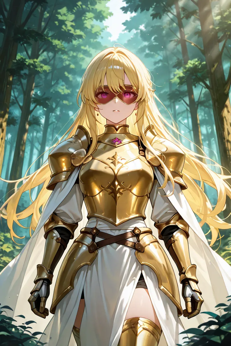 (woman) anime woman with a beautiful face, pink eyes and yellow hair with knight armor in the forest