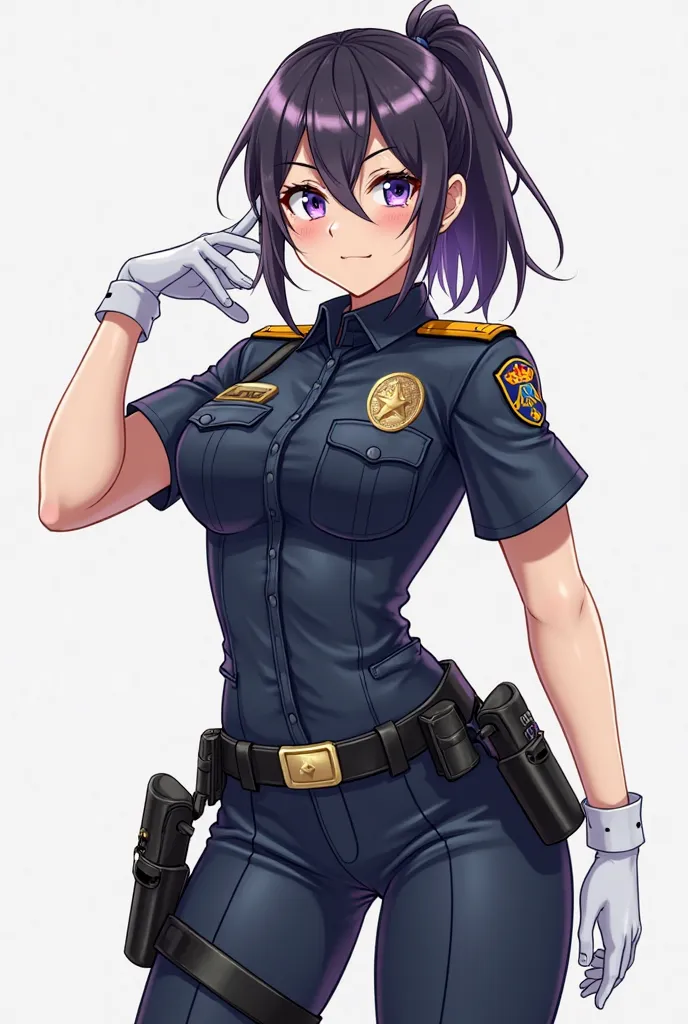 Generate a 26-year-old woman in full body in anime style, She's a police captain, She has hair with a striking style, purple eyes shirt, striking and combat-crafted tight uniform, wide legs and strong arms