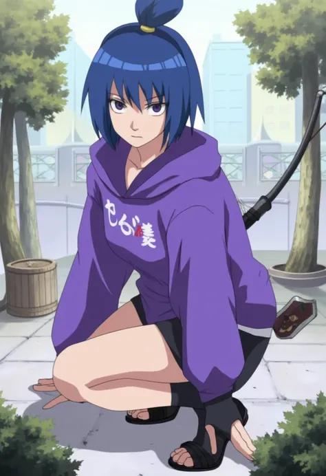 1girl, Bangs, blue hair Hair Bun, a hoodie kunoichi Violet 
Hoodie cherry blossom pattern long sleeve  fingerless gloves skirt socks and sandals kung fu shorts bow behind her back  