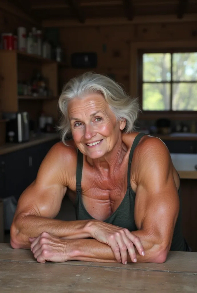 old grandmother-bodybuilder amish sits in the shed with her left hands on the table and flexing biceps bent at the elbow. hairy armpits I was shocked by her biceps. she is wearing short sleeve clothes.  realistic photo. emotions on the face - looks with in...