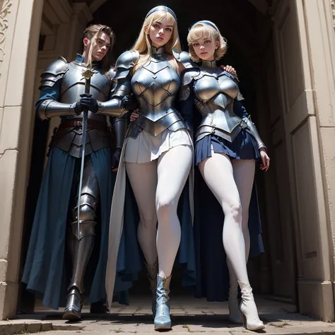 Extremely Beautiful Young Blonde Girl wearing armor with a silver-white breastplate and skirt, dark blue leggings covering her legs and arms, white heeled boots to match her skirt and breastplate, is a tall, pale-skinned young woman with big blue eyes and ...