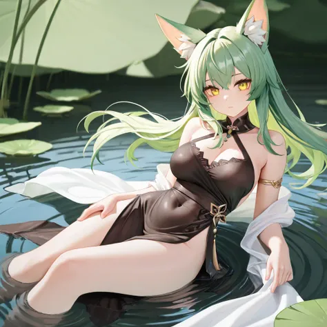 Absard Dress, Hi-Res, Ultra High Definition, (1 girl:1.3), hand drawn, Simple lines,   lying on a  girl, Attractive girl with fox ears , At the lotus pond, masterpiece,  Sitting in Water , floating clothes, floating hair、 green hair、yellow eyes、