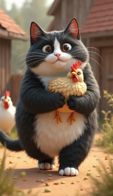 A highly detailed and ultra-realistic 3D render of a black-and-white fat cat walking confidently, holding a pet chicken with a small collar. The cat has a proud expression, and the scene is set in a farm environment with a warm atmosphere